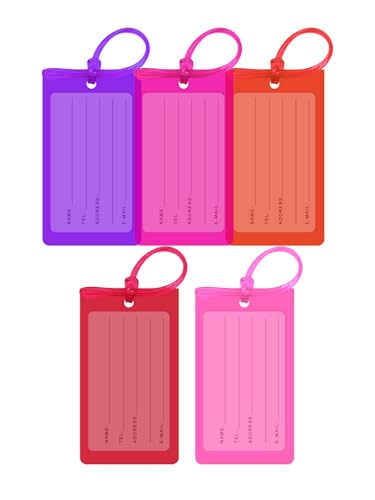 Luggage Tags for Suitcases,5 Pack Luggage Tags for Cruise Ships,Clear Colorful Suitcase Tags with Name ID Label and Loop for Luggage,Travel BagTags for Men Women,Waterproof Silicone Luggage Tag - color: Red