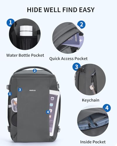 ECOHUB 40L Carry-On Travel Backpack, TSA-Friendly, Anti-Theft Water-Resistant Lightweight with 17.3″ Laptop Compartment, Durable PFAS-Free Rucksack, Grey - color: Grey