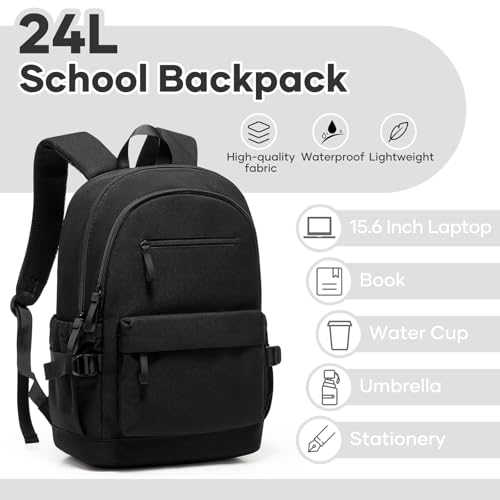 School Backpack for Girls Boys, 15.6 Inch Waterproof Travel Laptop Backpack for Women Men, Lightweight Durable College High School Book bag, Black