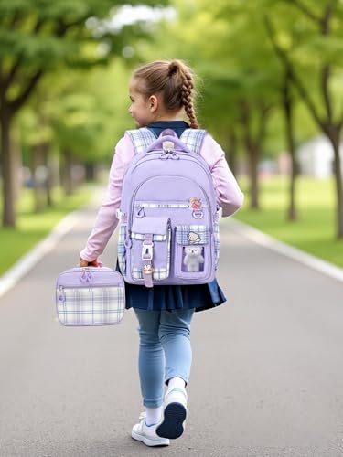 Girls Backpack with Lunch Box Cute School Backpack for Girls Kids Teens Kawaii Bookbag Set for Primary Elementary，Purple - color: Purple
