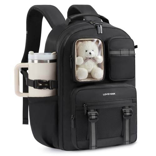 LOVEVOOK Cute School Backpack for Girls Ages 8-14, Bookbag with Plush Bear & Clear Display Pocket, Fits 15.6 Inch Laptop & 40oz Tumbler, Back to School Backpack for Elementary & Middle School - color: Black