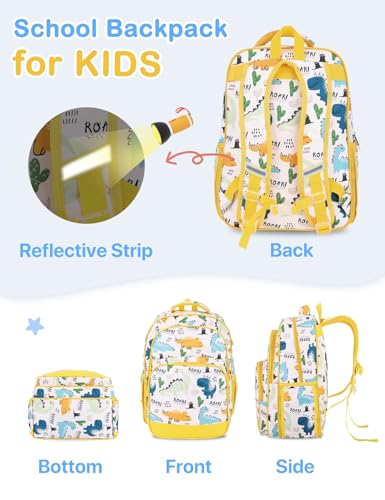 VASCHY Kids Backpacks, 12L Toddler & 17.5L School Backpacks, Lightweight Water-Resistant for Boys and Girls Ages 3-12 - color: Dino Yellow, size: Large