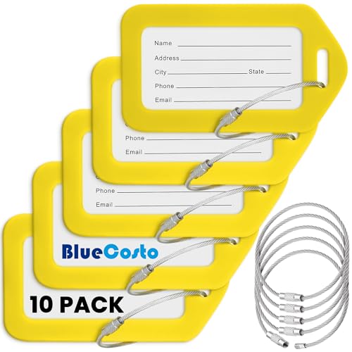 BlueCosto - Luggage Tags - Yellow, 10 Pack - Suitcase Tags with Name ID Card & Heavy-Duty Metal Wire Loops - Bright Colored PVC Identifiers for Travel Baggage - Backpack Name Labels - color: Yellow, size: 10