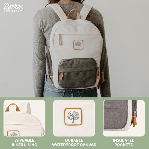 Parker Baby Diaper Backpack - Full Zip Diaper Bag with Insulated Pockets - Cream - color: Cream
