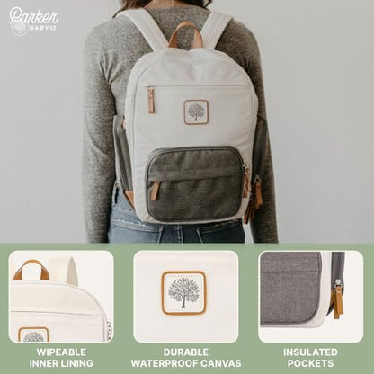 Parker Baby Diaper Backpack - Full Zip Diaper Bag with Insulated Pockets - Cream - color: Cream