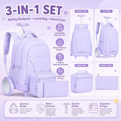 AGSDON Quiet Glide Rolling Backpack with Lunch Box Set - Large Wheel Water-Resistant Wheeled Bag for Business, Travel, and College | Lavender Purple 3-in-1 Organizer Backpack - color: Reflective Purple - Rolling Backpack
