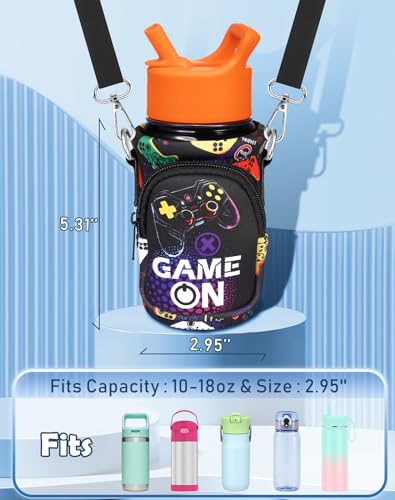 Miss Adola Water Bottle Carrier with Strap - Insulated Kids Water Bottle Holder for Boys Girls Bottle Bag for 10-18Oz - color: Black Game On