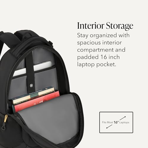 SWISSGEAR Cecil Laptop Backpack, Fits Most 16-Inch Laptops, Three-Compartment Design, Airflow Back Panel, Black, 27.3L, 18-Inch - color: Black/Gold