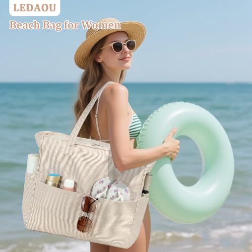 LEDAOU Beach Bag Waterproof Sandproof Women Beach Tote Pool Bag with Zipper for Swim Gym Grocery Travel with Wet Pocket | Sandproof - color: Brown Wwhite Stripes