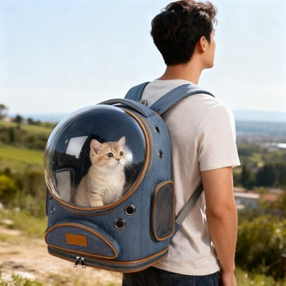 Cat Backpack Carrier, Breathable Cat Carrier Large Space Bubble Pet Backpack for Small Dog and Large cat up to 18lbs, Transparent & Foldable Pet Carrier for Travel Hiking (Blue) - color: Blue
