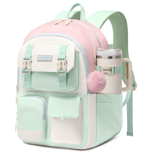 LOVEVOOK School Backpack for Teen Girls,Student Backpack Purse for 8-16 Teenage,Cute Kid Bookbag with Large Cup Holder,Back to School Backpack Fit 15.6 Inch Laptop,College Travel Bag for Daughter Gift - color: Light Green-white-pink, size: 15.6 inch