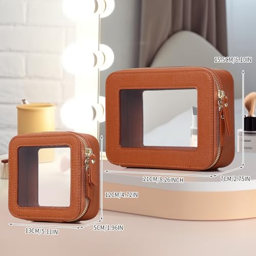 Clear Makeup Bag Set Travel Cosmetic Bag and Toiletry Bag Women's Purse Pouch Cosmetic Stroage Organizer Case with Zipper Car Essentials (Brown, M+Mini) - color: Brown, size: M+Mini