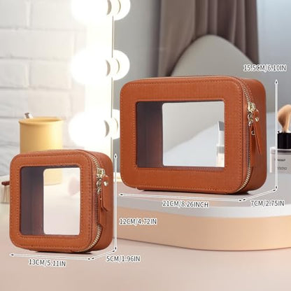 Clear Makeup Bag Set Travel Cosmetic Bag and Toiletry Bag Women's Purse Pouch Cosmetic Stroage Organizer Case with Zipper Car Essentials (Brown, M+Mini) - color: Brown, size: M+Mini