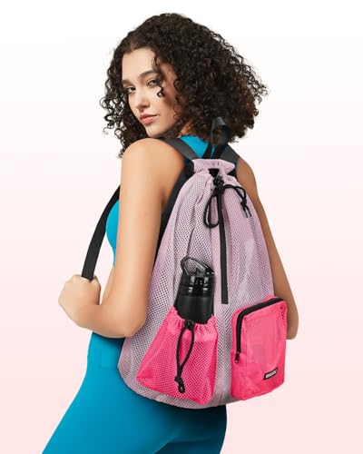 WANDF Swim Bag for Swimmers, Mesh Beach Backpack - color: Light Pink With 2 Front Pockets, size: Large
