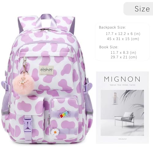 abshoo Big Student Laptop Backpack For College Women Middle High School Teen Girls Bookbag Travel Daypack (Cow Print Purple) - color: Cow Print Purple