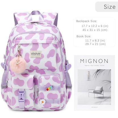 abshoo Big Student Laptop Backpack For College Women Middle High School Teen Girls Bookbag Travel Daypack (Cow Print Purple) - color: Cow Print Purple