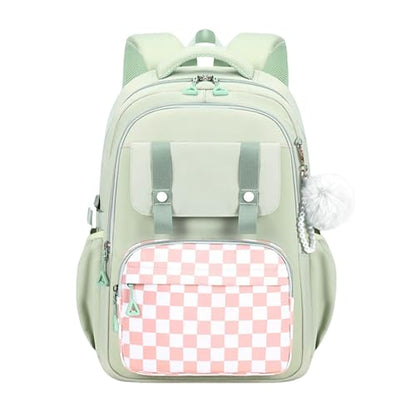 Cute Backpack for Girls, Large Capacity Kids Bookbag for Elementary Middle School Students Waterproof Kawaii Preppy Aesthetic Plaid Backpack Age 4-16 with Cute Accessories (Green) - color: Green