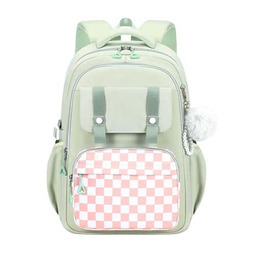 Cute Backpack for Girls, Large Capacity Kids Bookbag for Elementary Middle School Students Waterproof Kawaii Preppy Aesthetic Plaid Backpack Age 4-16 with Cute Accessories (Green) - color: Green