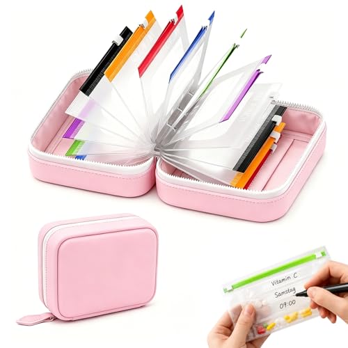 Waterproof Pill Pouch Set-14pcs Bags Inside,Pill Organizer Binder-Coded Pouches,Leakproof Reusable Zippered Storage Case,Air Tight Pocket Color - Coded Reusable Travel Storage System (Pink) - color: Pink