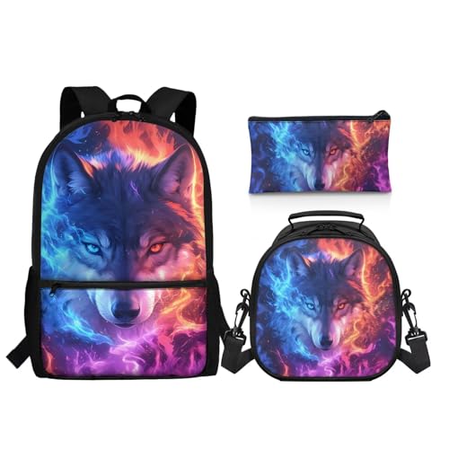 Wolf Backpack for School 3 PCS Kids Boys School Backpacks Set with Insulated Lunch Bag and Pen Bag Pencil Case Casual Daypack Book Organizers Backpack - color: Wolf Cool