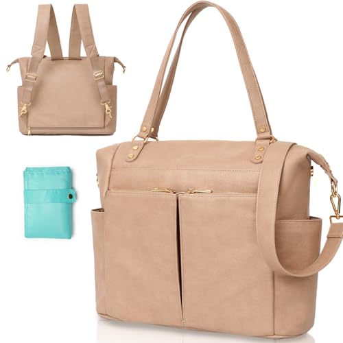 MOMINSIDE Diaper Bag Tote, Leather Diaper Bag Backpack with 14 Pockets, Convertible Baby Bag for Boys Girls, Pañaleras Para Bebe Mommy Bag, Changing Pad, Large 4 Insulated Pockets (Camel) - color: Camel