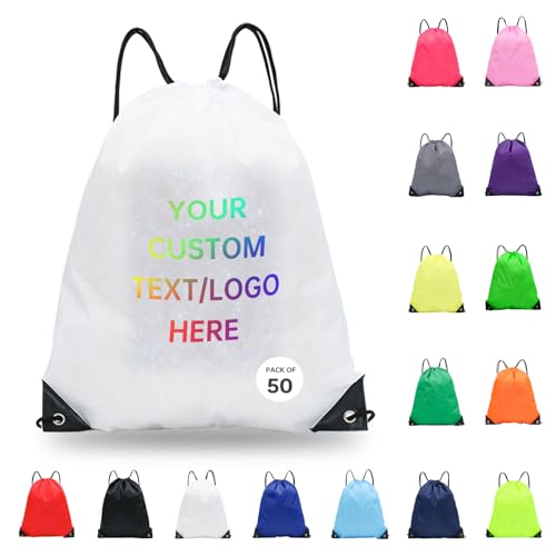 JEOHLORY pack of 50 Custom Bags With Your Logo,Drawstring Backpacks Bulk String Bag,Great for Travelling, Gym and for Everyday Use (Custom white) - color: Custom White