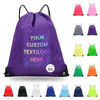 JEOHLORY pack of 50 Custom Bags With Your Logo,Drawstring Backpacks Bulk String Bag,Great for Travelling, Gym and for Everyday Use (Custom Purple) - color: Custom Purple