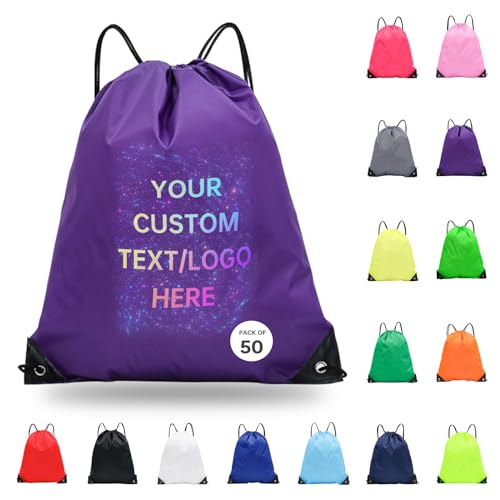 JEOHLORY pack of 50 Custom Bags With Your Logo,Drawstring Backpacks Bulk String Bag,Great for Travelling, Gym and for Everyday Use (Custom Purple) - color: Custom Purple