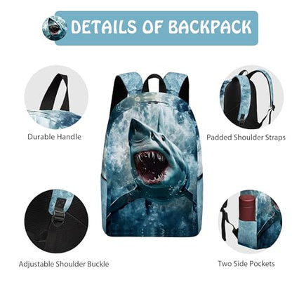 Shark 3PCS Backpack Set for Teens Elementary Middle High School, 17 Inch Lightweight Classic Bookpack 3 in 1 Set for Girls Boys, Kids Back to School Backpack with Lunch Box Pencil Case - color: Shark