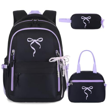 Kids Backpack for Girls - 3PCS Cute Embroidered Bow Girls Backpack with Insulated Lunch Bag & Pencil Case - Bookbag for Teen Women Middle High School College Work Travel Daypack - color: Black Purple