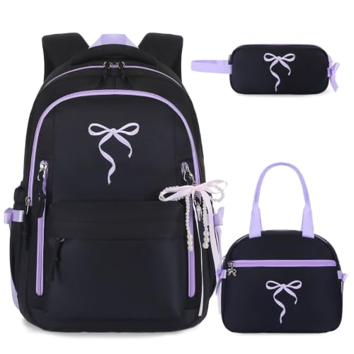 Kids Backpack for Girls - 3PCS Cute Embroidered Bow Girls Backpack with Insulated Lunch Bag & Pencil Case - Bookbag for Teen Women Middle High School College Work Travel Daypack - color: Black Purple