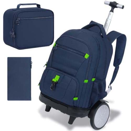 CCJPX 3Pcs Men & Boys Rolling Backpack with Bigger Wheels, Extra-Large Wheeled Bookbag with Lunch Box, Water Resistant Roller Luggage for Travel, Work, College (Blue) - color: Blue(upgrade Large Wheel)