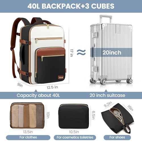 LOVEVOOK Travel Backpack For Women,40L Carry On Backpack Flight Approved,TSA Personal Item Travel Bag Fits 17 Inch Laptop,Business Weekender Overnight Daypack with Toiletry Bag and Cubes - color: Brown and White and Black, size: 17.3 Inch-40L-4Pcs
