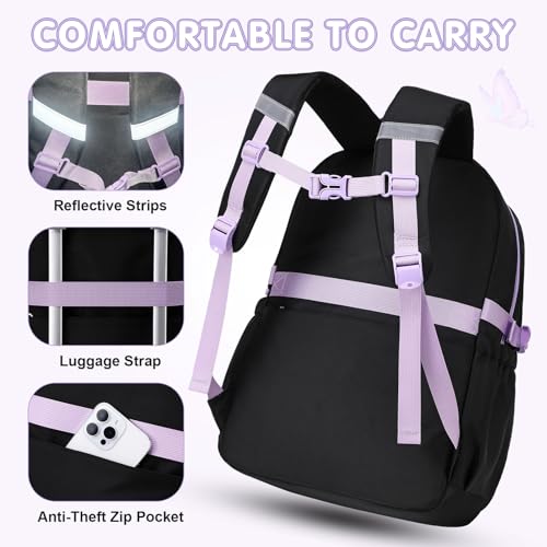 GeeWin Girls Backpack for School with Lunch Box & Pencil Case Set, 17 Inch Waterproof Cute Bow Girls Bookbag for Kids, Teens, Elementary Middle High College School Student (Black/Purple) - color: Black Purple