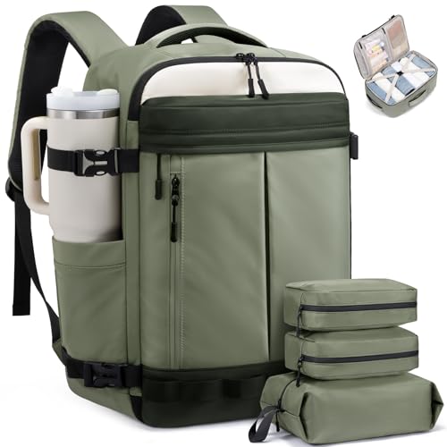 LOVEVOOK 40L Travel Backpack for Women Men, Airline Approved Carry On Luggage with 3 Cubes Accessories, TSA Personal Item Travel Cruise Essentials, Waterproof Weekender Overnight Bags fits 17" Laptop - color: Sage Green-olive Green-beige, size: 40L 4-Piec
