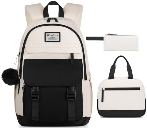 WINDARS School Backpack with Lunch Box for Teen Girls, Cute College Backpacks for Women Students Aesthetic Bookbag Large 15.6 Inch Laptop Bag Middle School Travel Back Pack (Black Beige-3 Pcs) - color: Black Beige, size: 15.6-3 Pcs