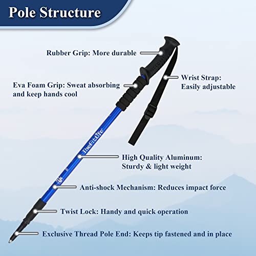 TheFitLife Nordic Walking Trekking Poles - 2 Sticks with Anti-Shock and Quick Lock System, Telescopic, Collapsible, Ultralight for Hiking, Camping, Mountaining, Backpacking, Walking, Trekking - color: Blue