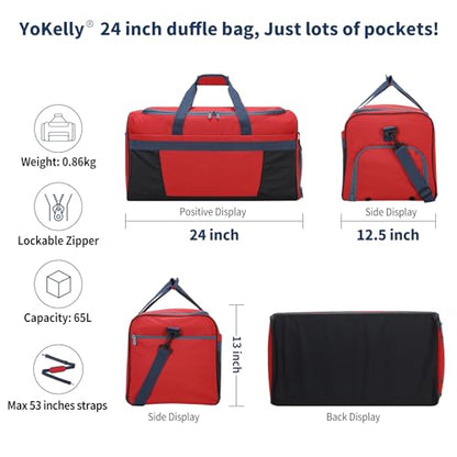 Men's 65L Gym Bag with Wet Pocket and Shoe Compartment- 24"x12.5"x13" Large Sports Duffle Bag for Gym Travel - Red - color: Red