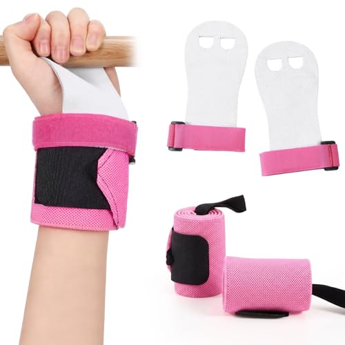Foilswirl 2 Pairs Gymnastics Hand Grips Wristbands and Gloves Set for Kids Breathable Wrist Brace Gymnastic Bar Palm Protection and Wrist Support Sports Accessories for Sports Workout Exercise