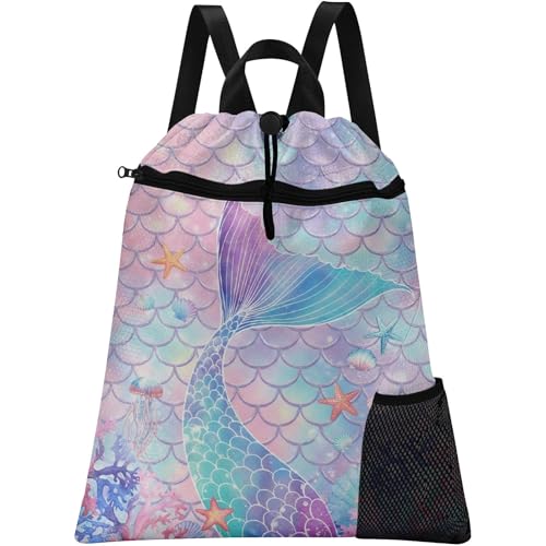 Mermaid Tail Drawstring Backpack, 15” x 17” Waterproof Swim Bag for Beach Swimming Pool, Lightweight Foldable Gym Bag with Water Bottle Holder for Sports Travel - color: Mermaid