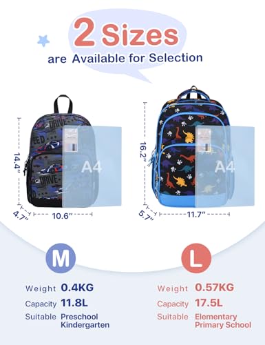 VASCHY Kids Backpacks, 12L Toddler & 17.5L School Backpacks, Lightweight Water-Resistant for Boys and Girls Ages 3-12 - color: Black Dinos-l, size: Large