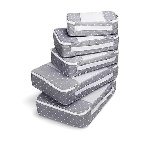 Travel Wise Packing Cubes for Travel - 5 Piece Set with Pattern Design, Lightweight Ripstop Nylon Luggage Organizers with Mesh Panel, Small Medium Large Sizes - color: White Dots