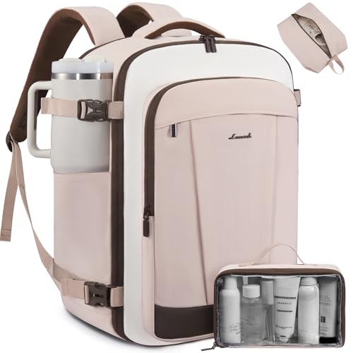 LOVEVOOK 40L Travel Backpack for Women & Men, Airline Approved Carry On Backpack, TSA Personal Item Bag fits 17.3 Inch Laptop, Waterproof Weekender Overnight Bags Suitcase for Work, Light Pink - color: Light Pink-beige-milk Brown, size: 40L-17.3Inch-3Pcs