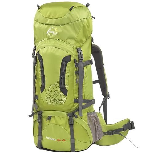 Wind Tour Outdoor 60L Ripstop Trekking Bag Sport Backpack with Rain Cover for Climbing Cycling (Green) - color: Green