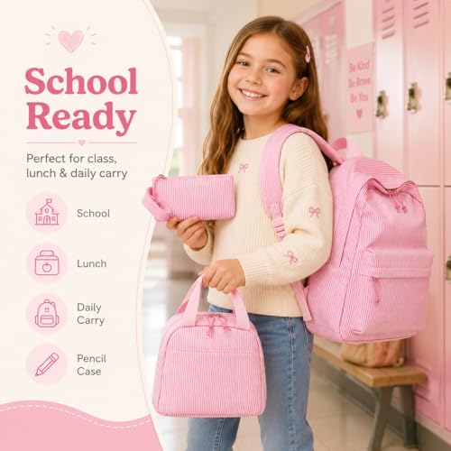 BTOOP School Backpacks for Teen Girls Bookbags Lightweight Kids Backpack School Bags Set with Lunch Box Pencil Case - color: Pink White Stripe