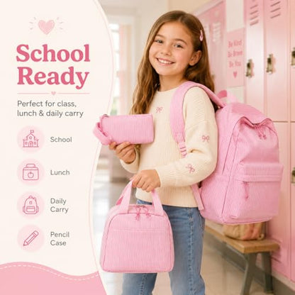 BTOOP School Backpacks for Teen Girls Bookbags Lightweight Kids Backpack School Bags Set with Lunch Box Pencil Case - color: Pink White Stripe