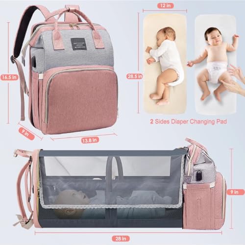 UR Choice Baby Diaper Bag With Changing Station, Travel Waterproof Diaper Bagpack For Mom Dad With USB Charging Port, Large Capacity & Multifunctional With Insulated Pacifier Case - Pink