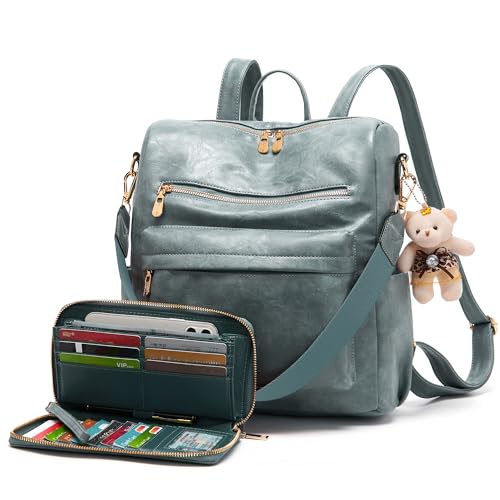 Soperwillton Women Backpack Purse Multipurpose Design Handbags Shoulder Bag PU Leather Travel bag Backpack Set 2pcs - color: Skyblue
