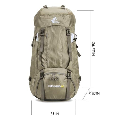 Bseash 60L Waterproof Hiking Camping Backpack with Rain Cover, Large Outdoor Sport Travel Daypack Rucksack for Climbing - color: Greyish Green