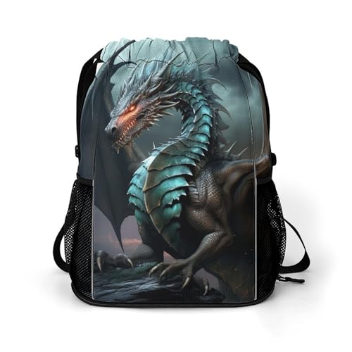Drawstring Gym Backpack with Shoe Compartment And Wet Pocket, 28L Lightweight Waterproof Cool Dragon Sports Backpack for Workout Swim Beach Travel String Bag for Men Women